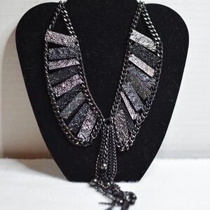 Chunky Boho Statement Black Metal Tassel Bib Textured Like New Necklace